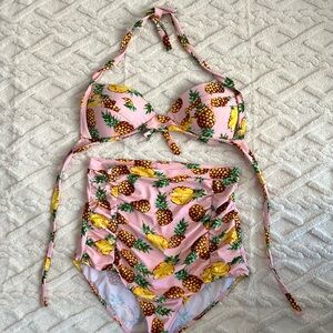 COCOSHIP Womens 2 Piece Swimsuit Size 4X Pink Yellow Pineapples. Beach Summer